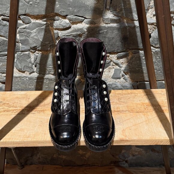 Chanel Glossy Black Pearl Chain CC Embellished Combat Boots - Picture 2 of 14